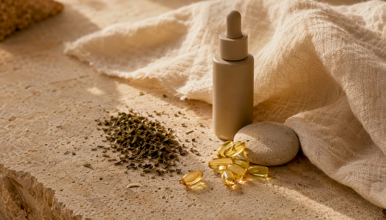 Close-up antioxidant haircare ingredients on stone