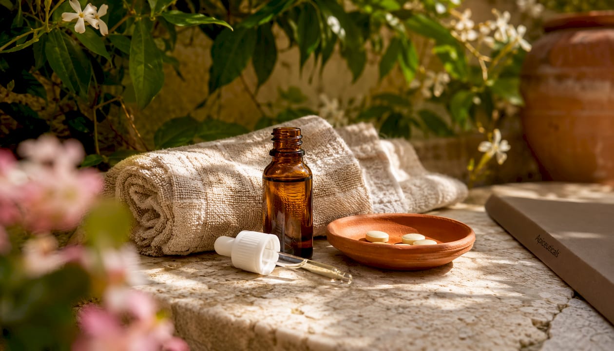 Amber serum bottle on spa bathroom counter