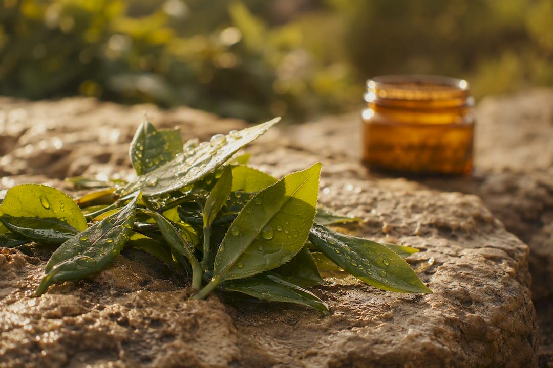 Close-up of fresh green tea leaves with water droplets