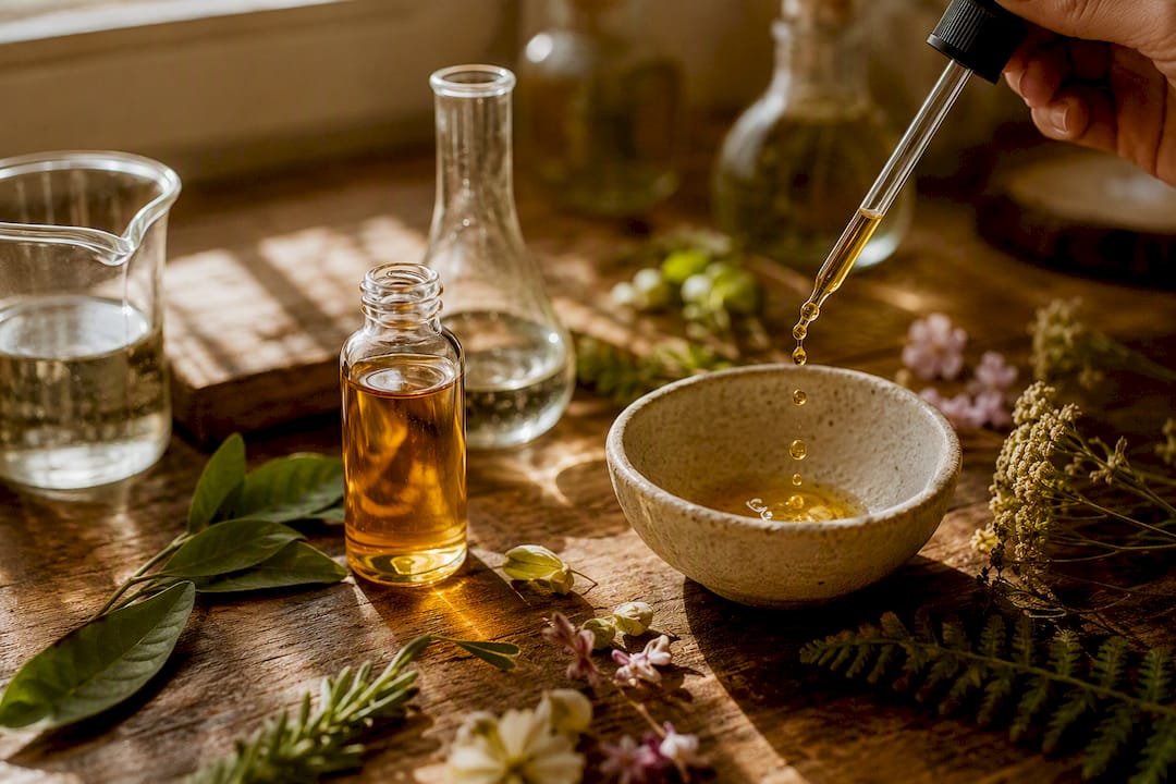 Laboratory glassware with botanical extracts on stone