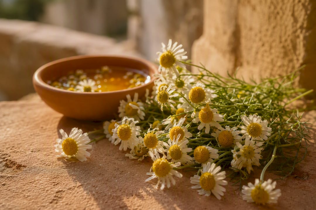 Fresh chamomile flowers on stone surface