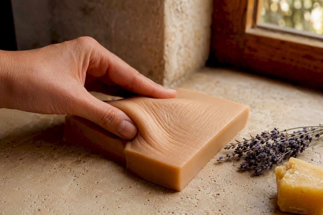 Close-up skin model showing wrinkle folds on warm stone