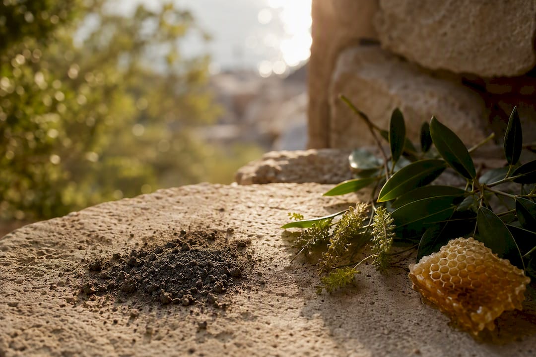 Dusty airborne particles near botanical skincare ingredients