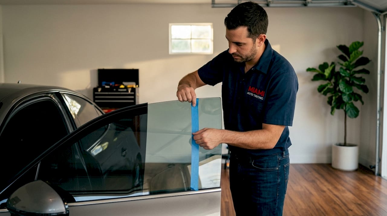 Auto technician applying two types of tint film