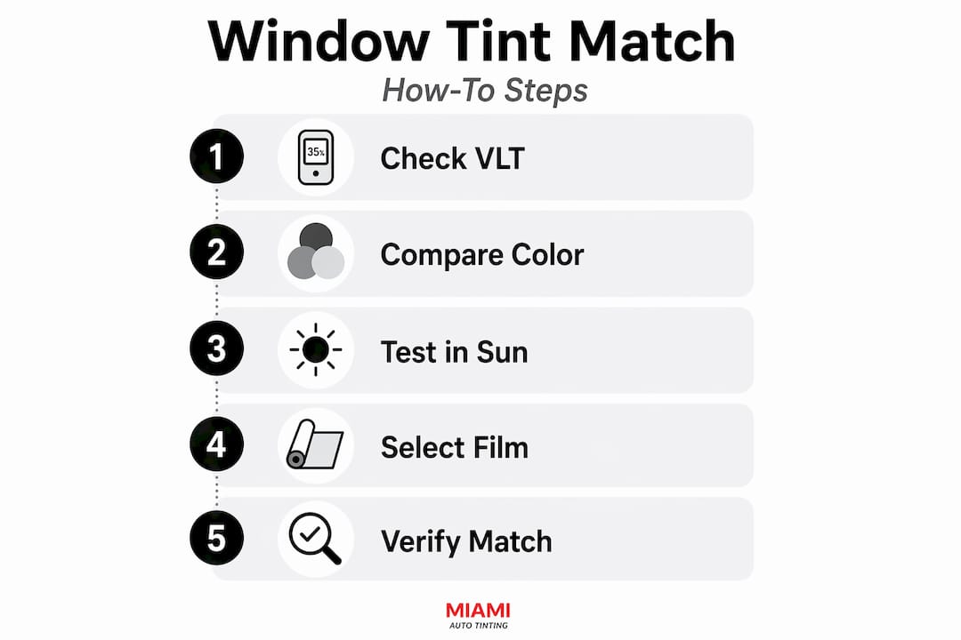 Infographic showing steps to match window tint color