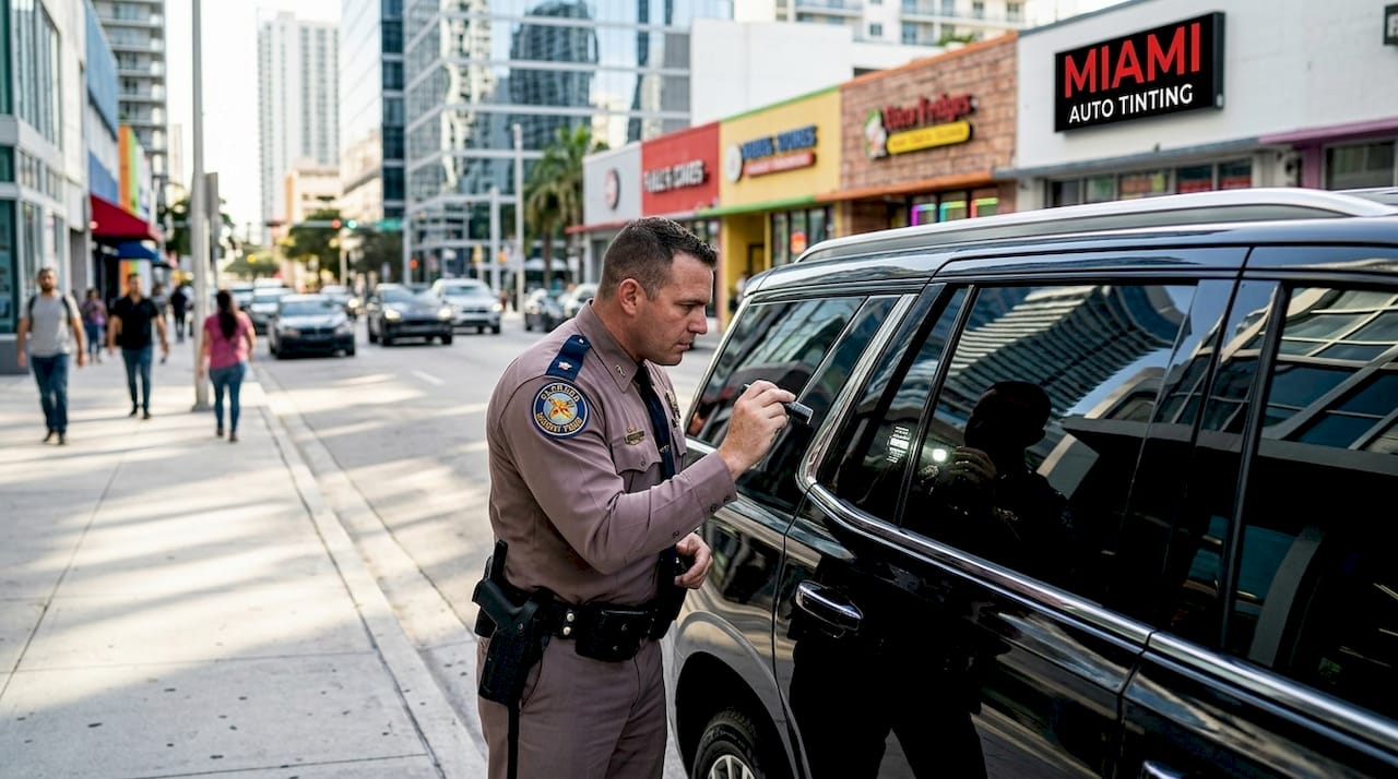 Officer inspects window tint color and reflectivity
