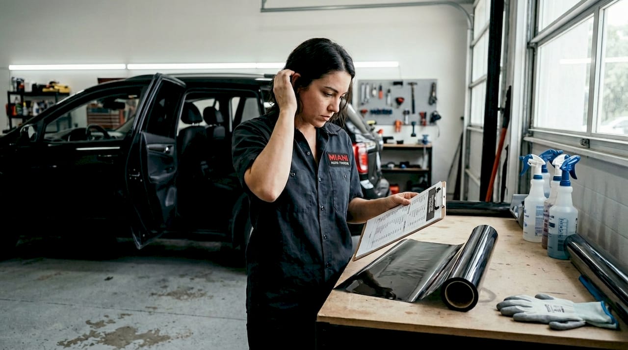 Installer checking tint spec sheet in auto shop