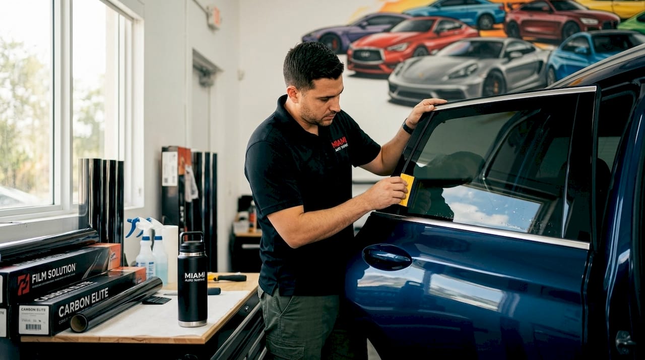 Technician inspecting carbon window tint application