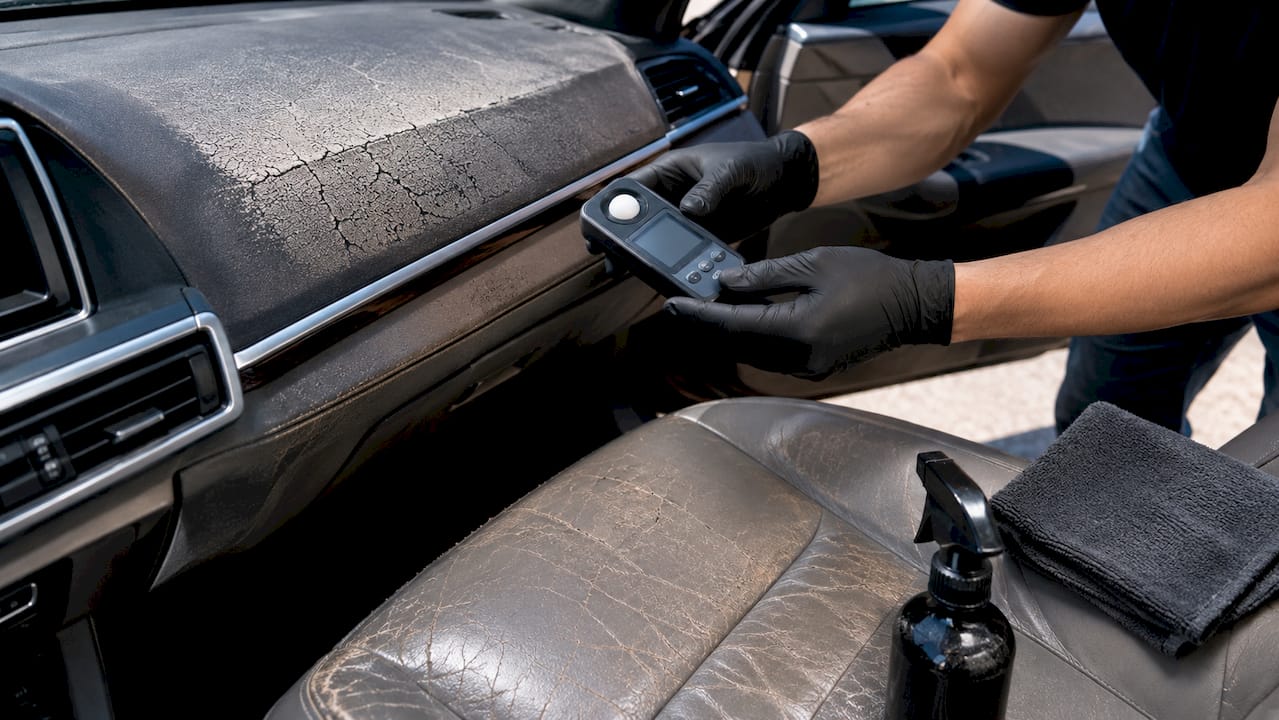 Close-up of UV damage on car interior leather
