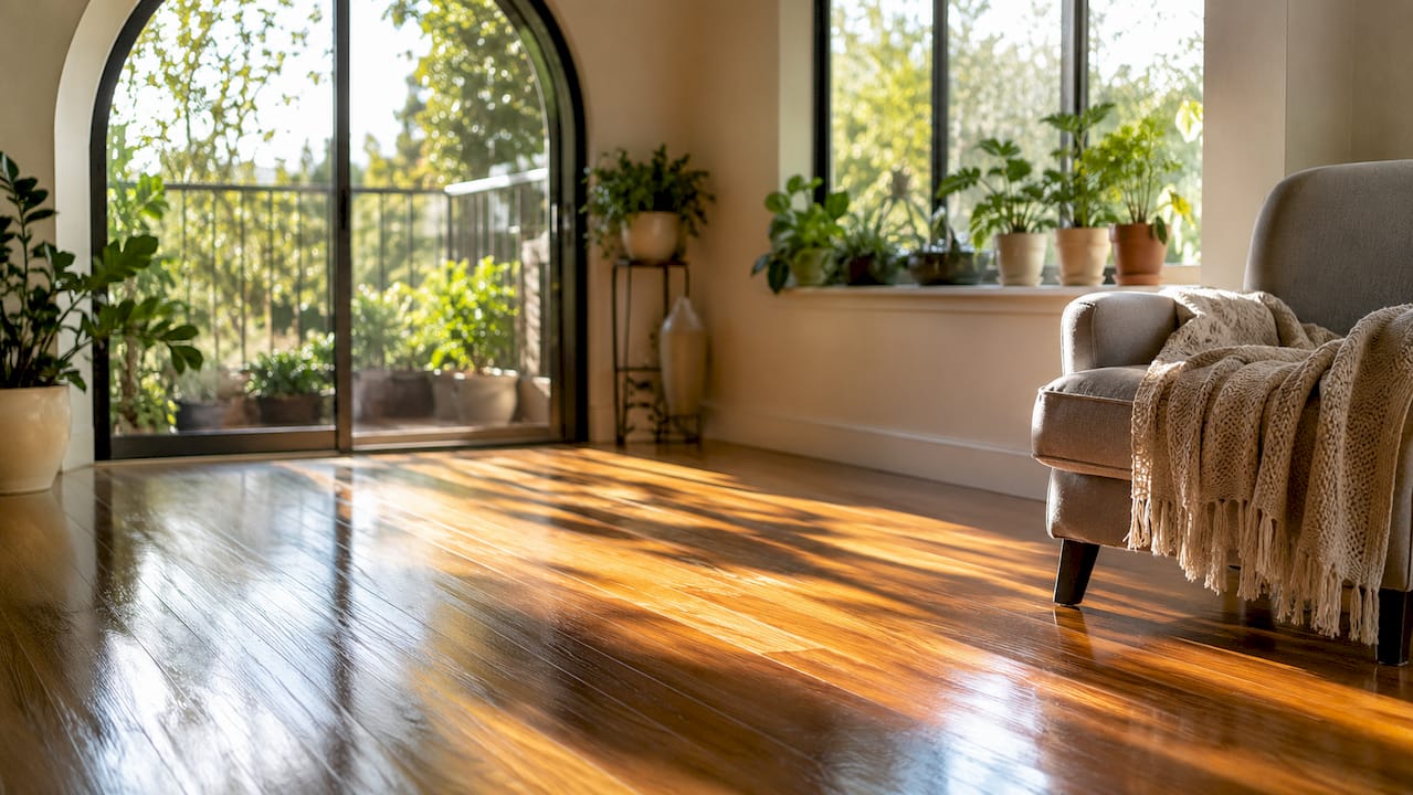 Hardwood floor protected from UV through sliding door tint