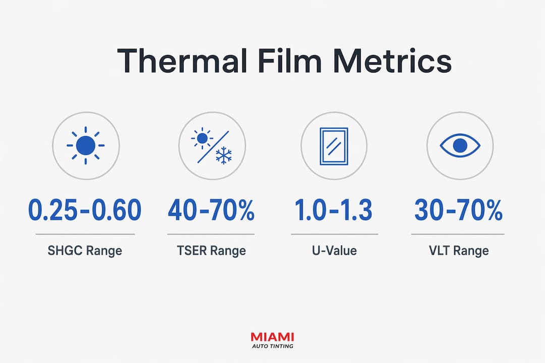 Infographic showing key thermal metrics for window films