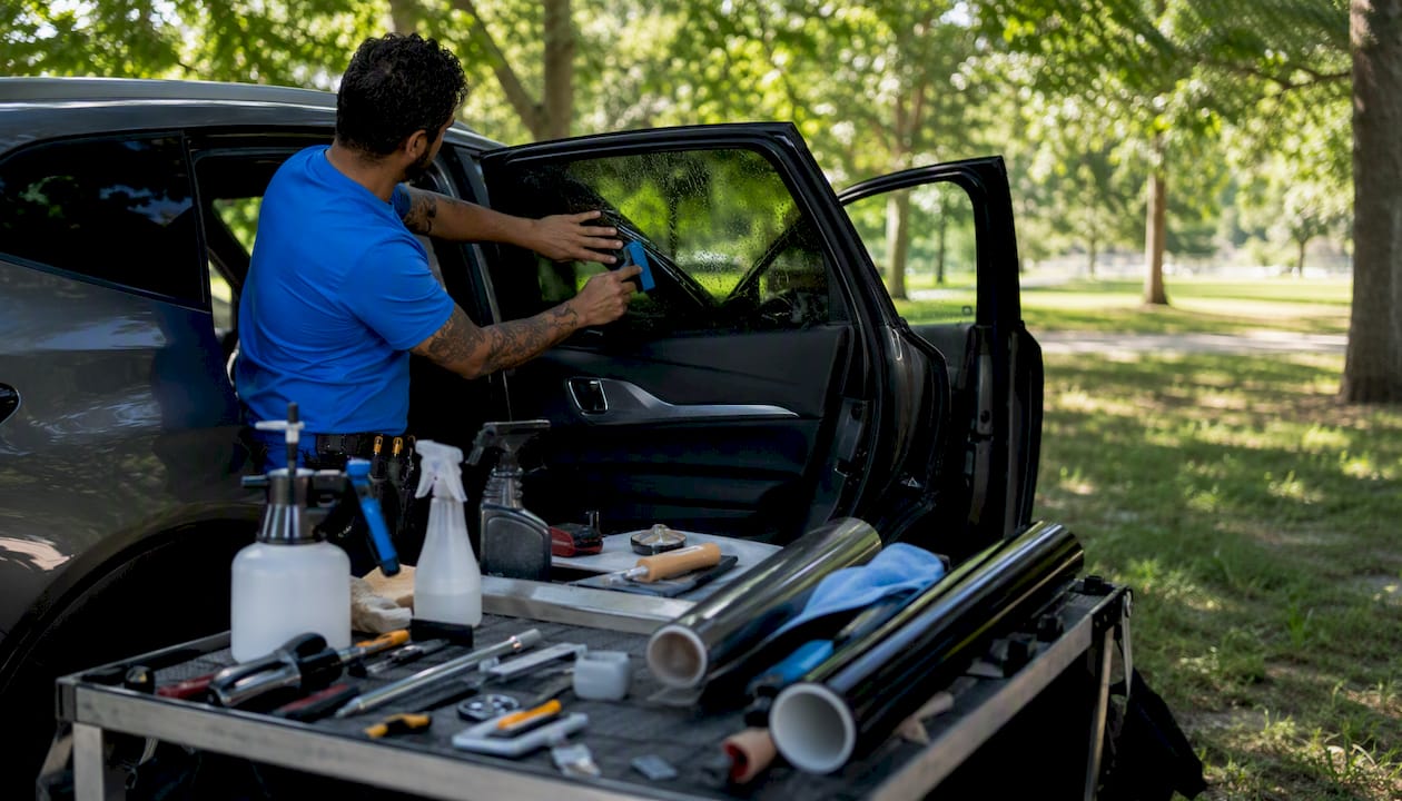 Window tinting tools and ceramic film rolls layout