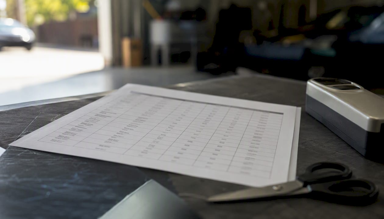 Technical tint specification sheet close-up