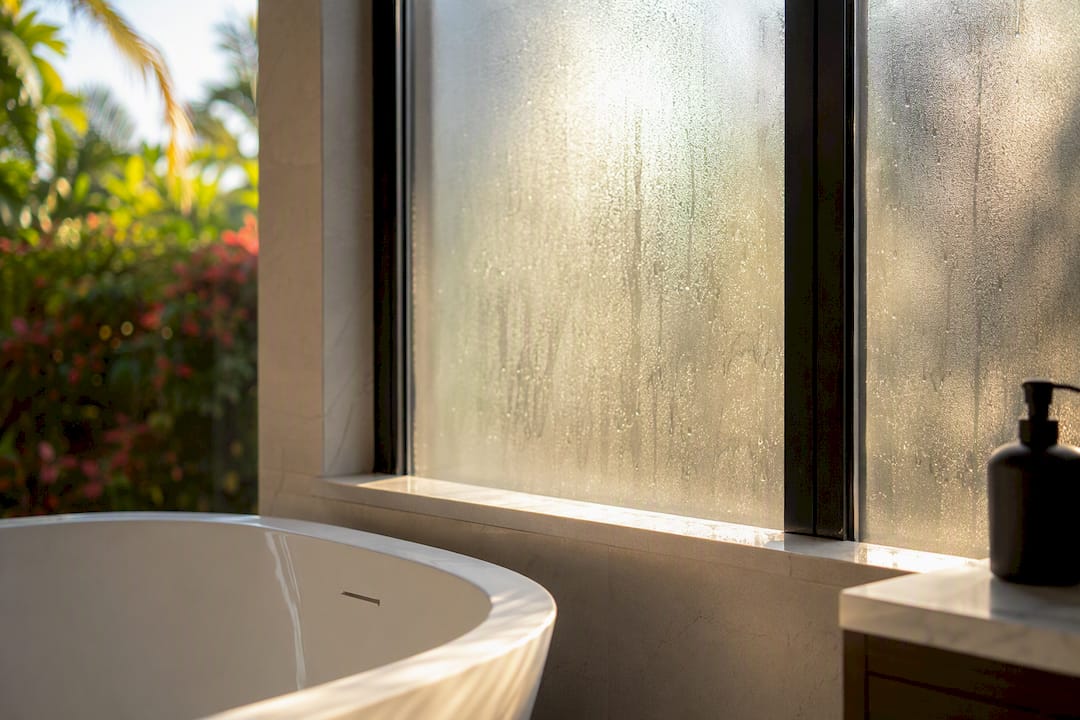 Frosted privacy film on bathroom window