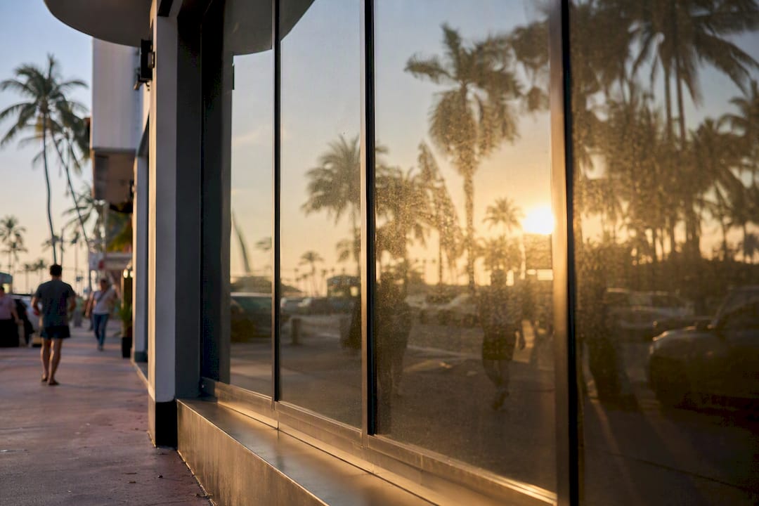 Reflective privacy film on commercial storefront