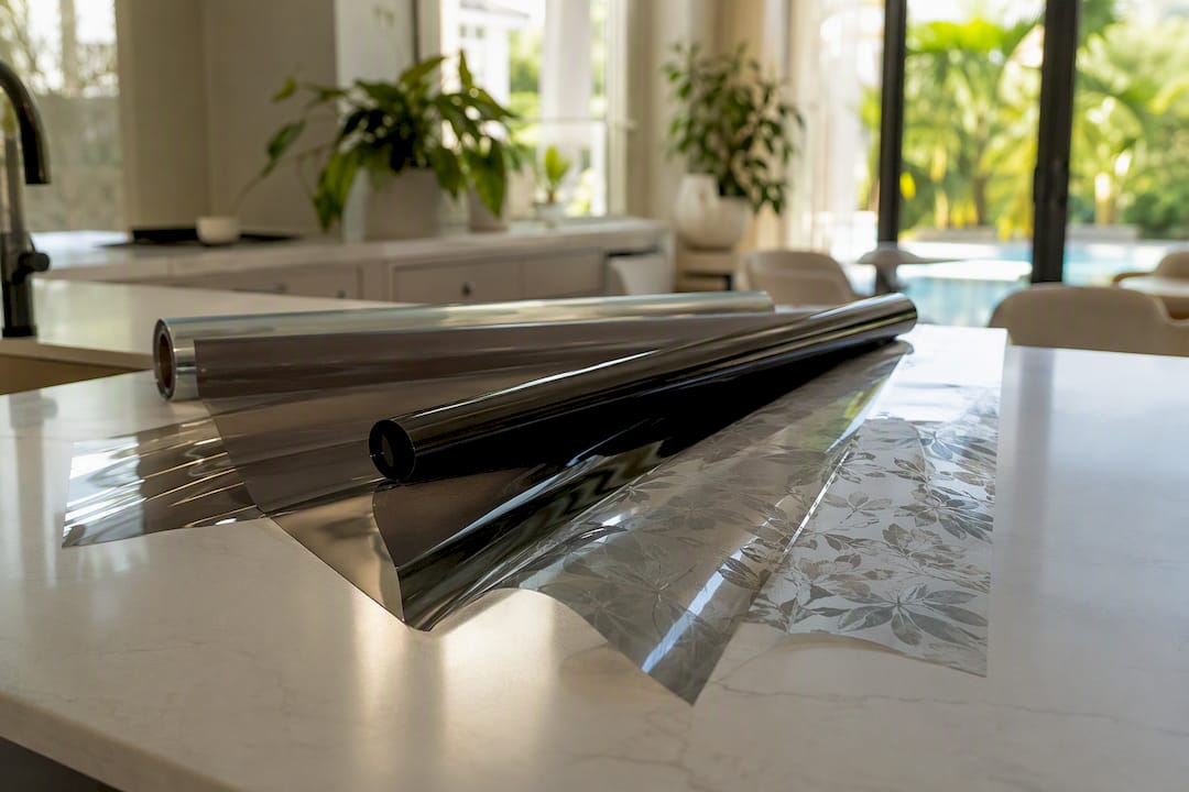 Assorted sunroom window tint film types near glass pane