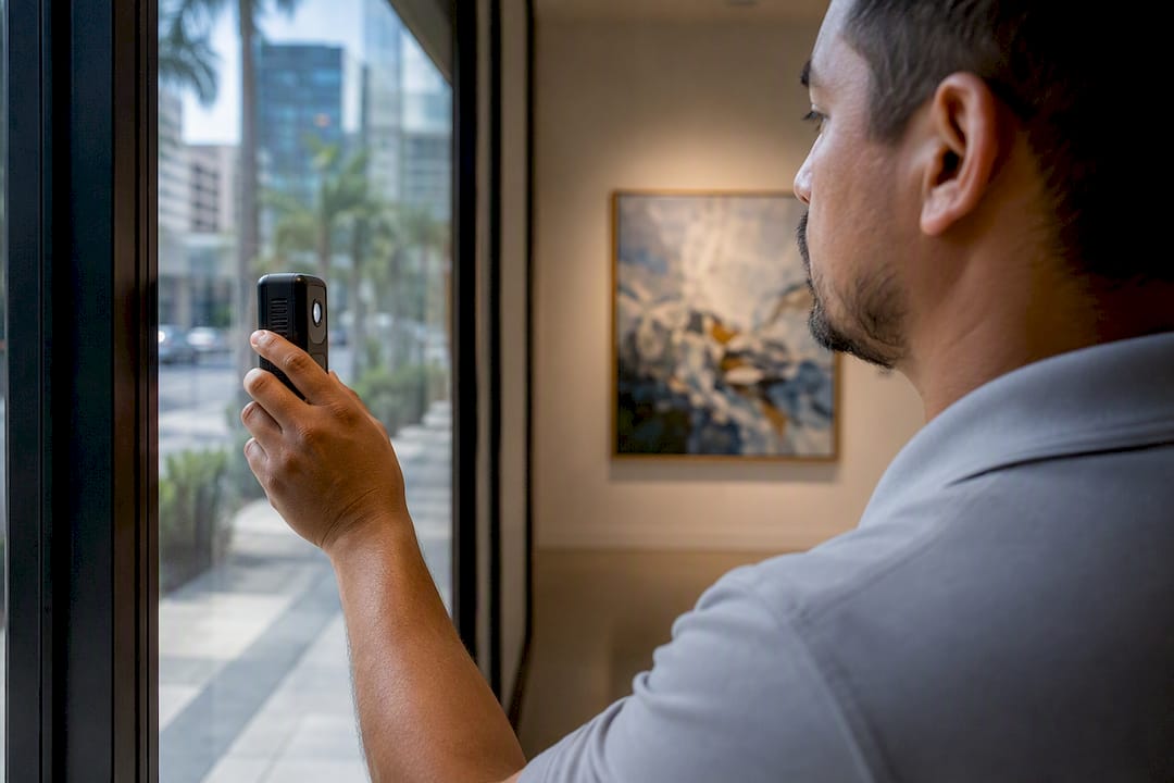 Installer measuring UV protection at gallery window