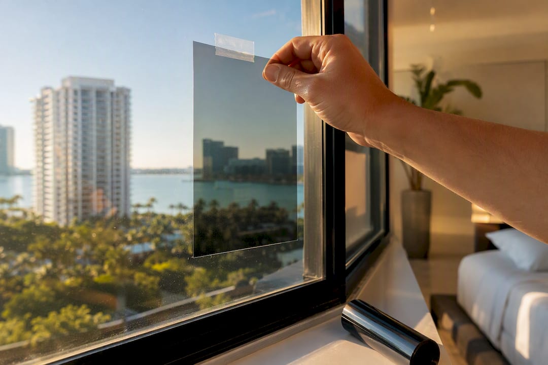 Window film sample taped to glass