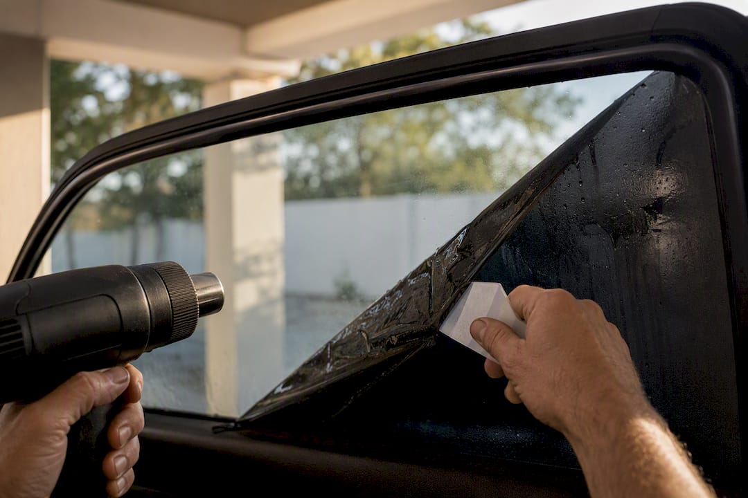 Technician removing tint film from glass