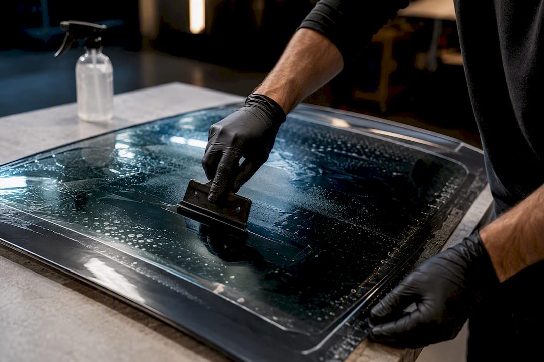 Technician applying even pressure to window film