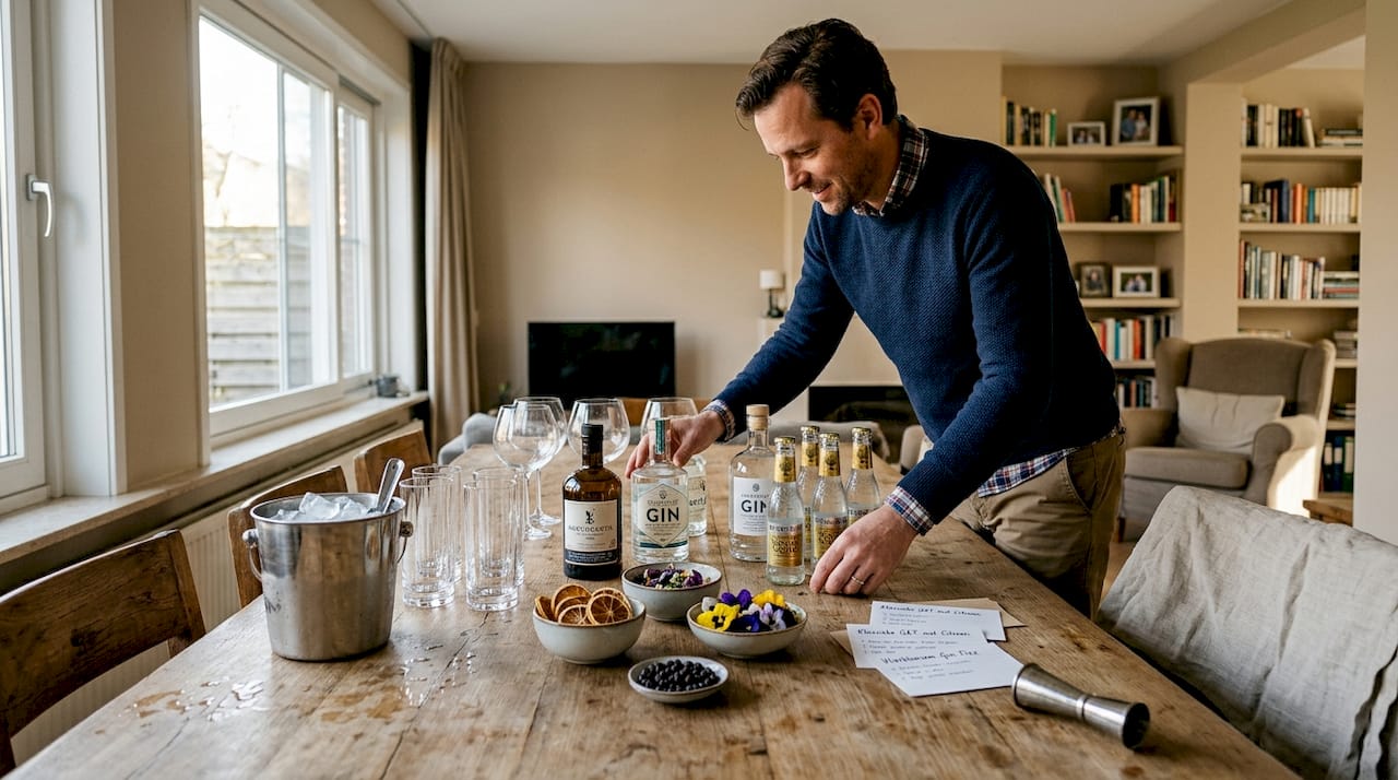 Man richt een gezellige mini-bar in voor een sfeervolle cocktailavond thuis