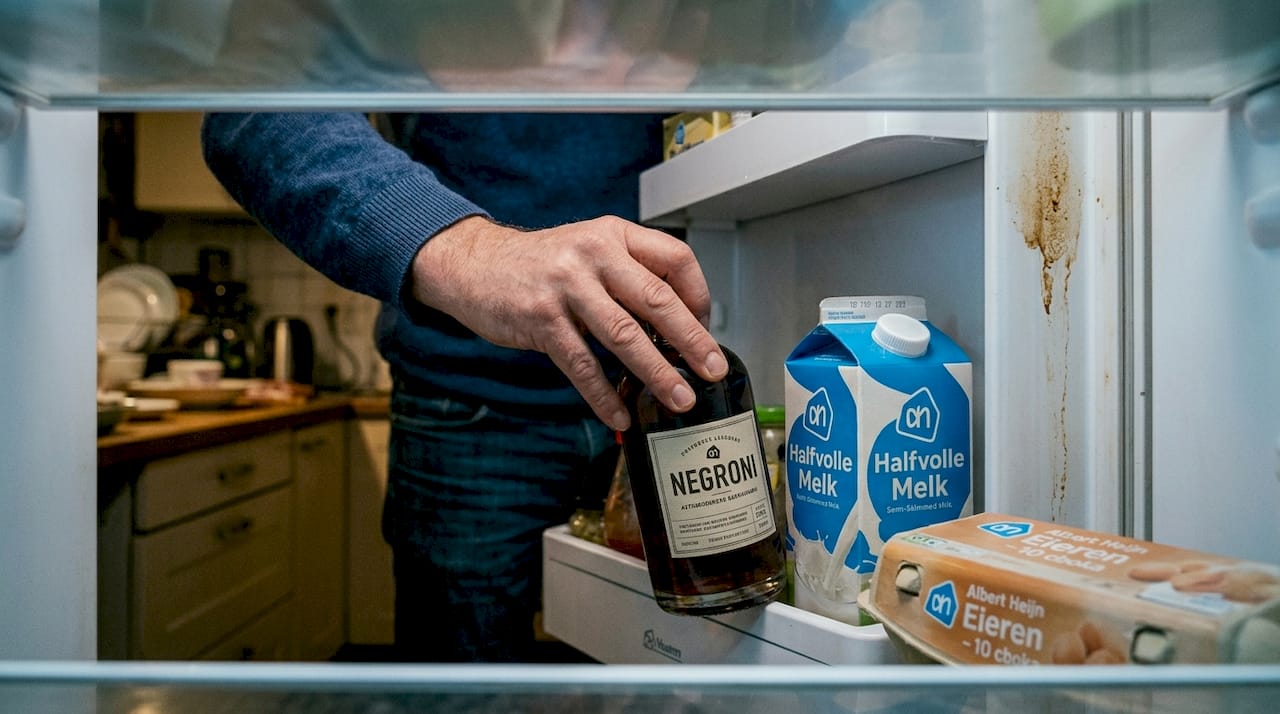 Man bewaart zelfgemaakte Negroni in zijn koelkast
