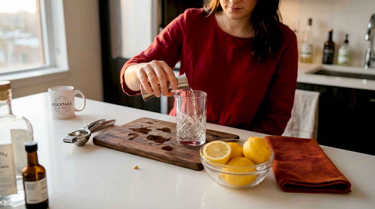 Iemand staat op het kookeiland in de keuken een klassieke gin-cocktail te maken.