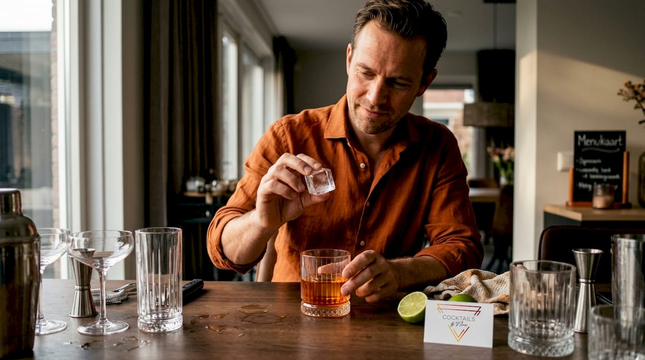Een man bestudeert een ijsblokje voordat hij het in zijn cocktail doet aan de eettafel.
