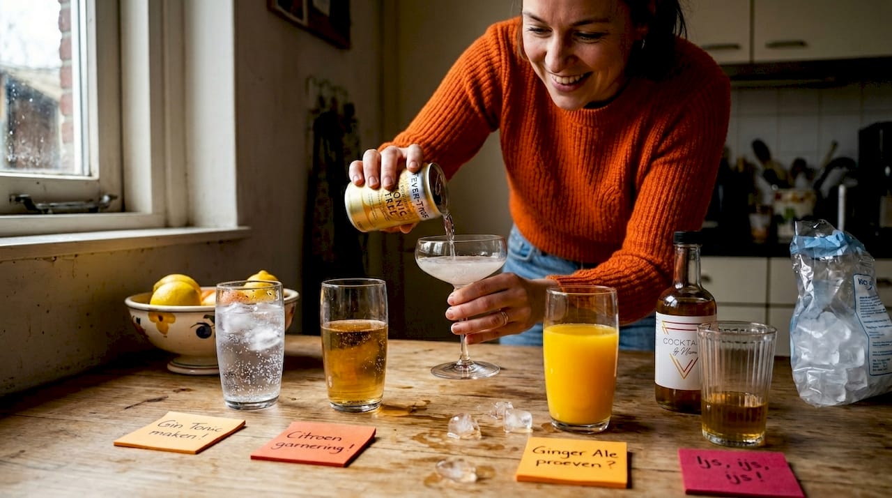De keukentafel ligt bezaaid met shakers en stijlvolle cocktailglazen, klaar voor een gezellige avond mixen.
