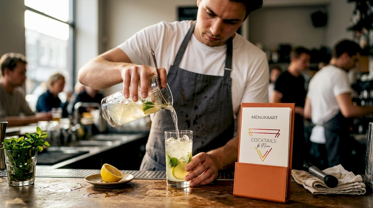 Een barista schenkt een alcoholvrije mojito in bij een café.