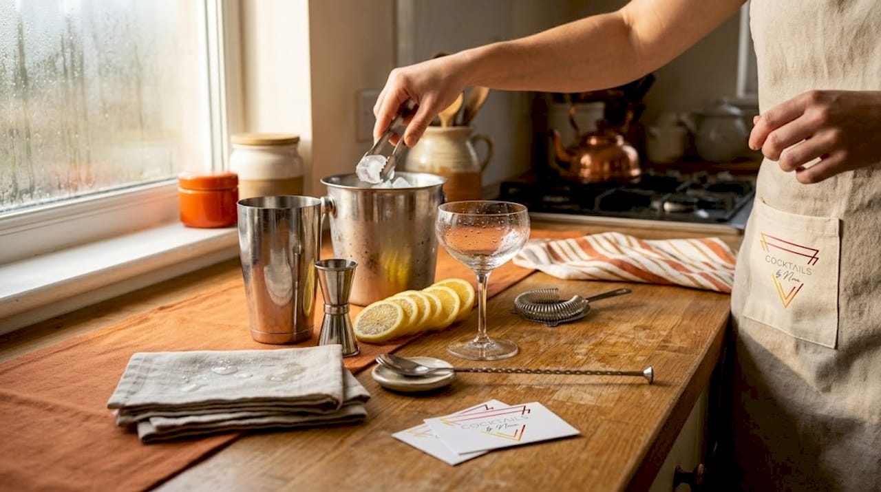Een verzameling cocktailbenodigdheden en glazen staat uitgestald op het houten keukenblad.