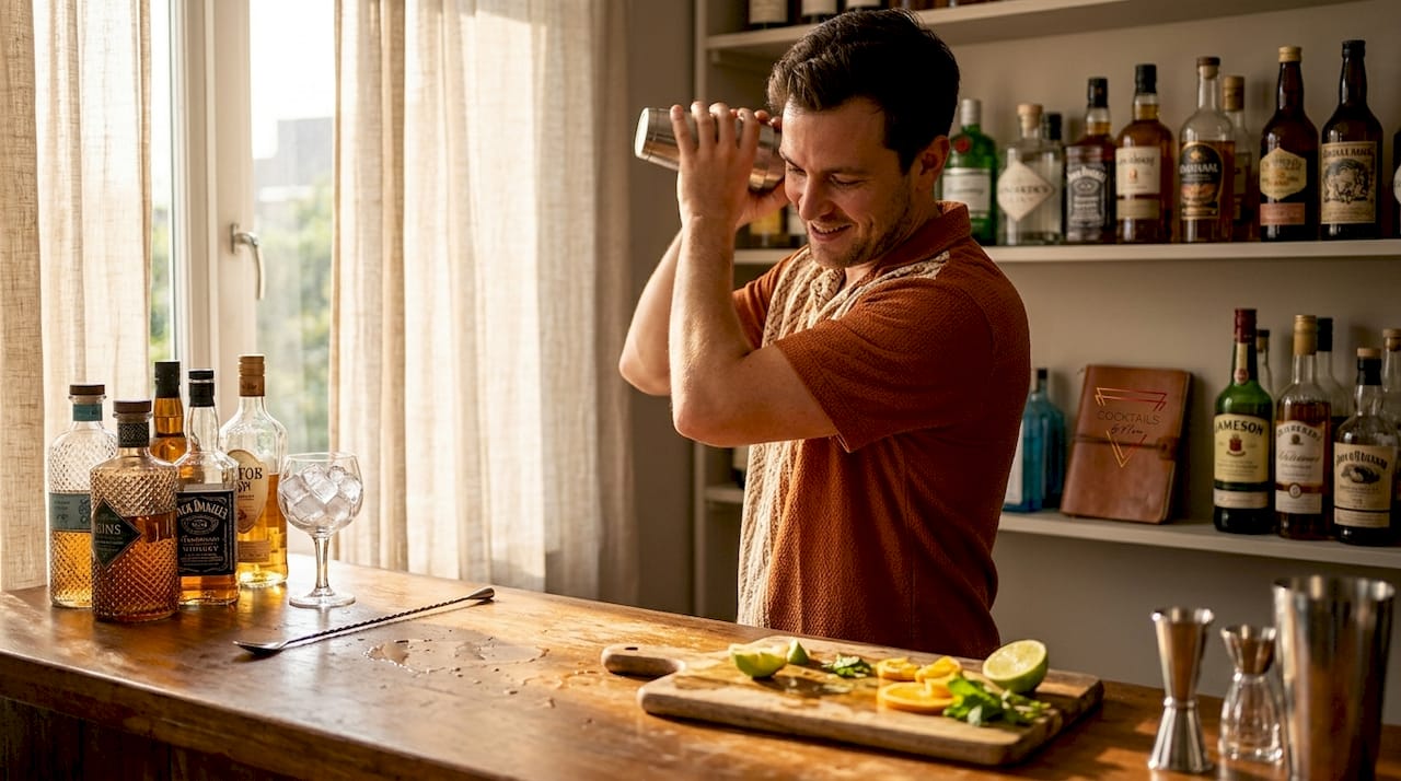 Een man staat cocktails te shaken met een shaker en vers fruit.