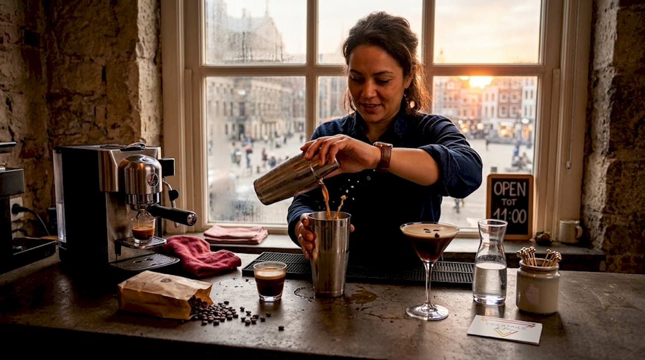 Een barista shaket een espresso martini op kantoor.