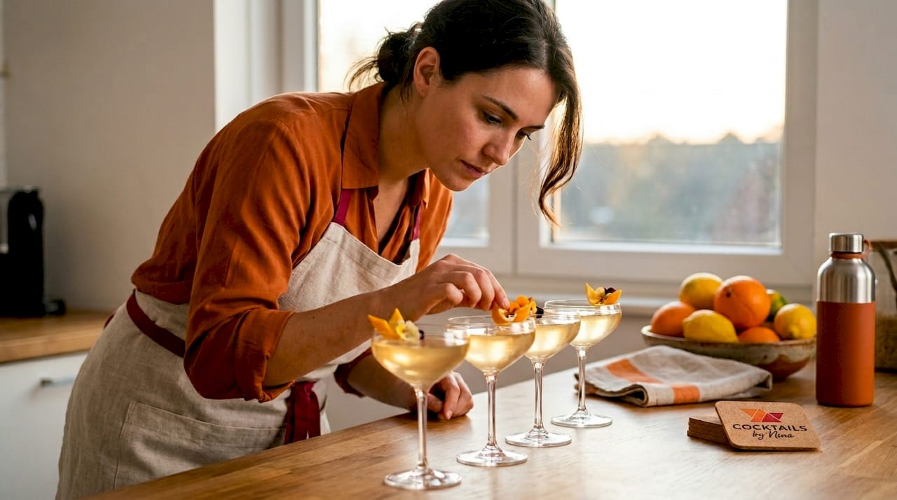 Een vrouw zet twee identieke cocktails klaar op het keukeneiland.