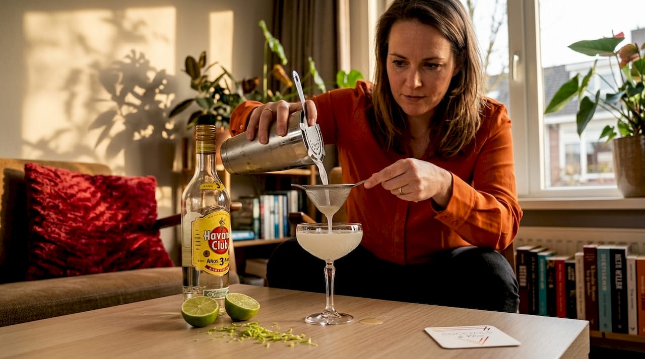 Een vrouw schenkt een Daiquiri in terwijl ze aan de eettafel thuis zit.