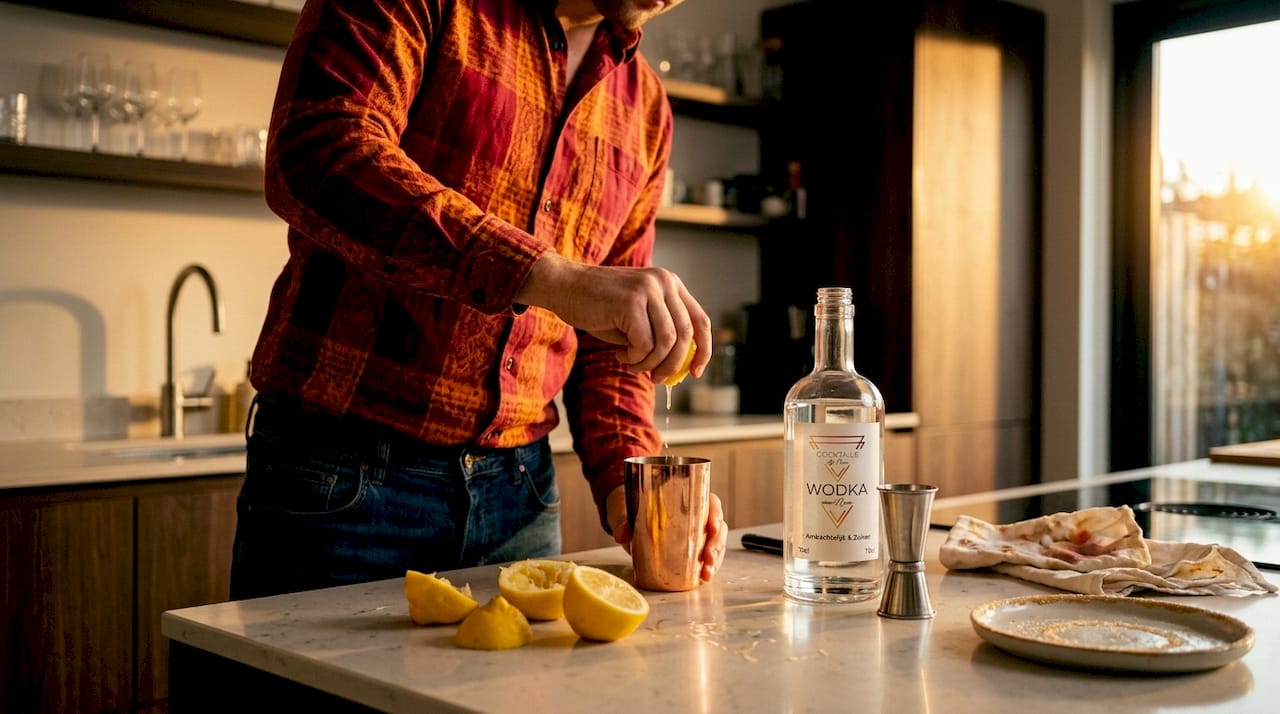 Een man bereidt een lemon drop shot in zijn keuken.