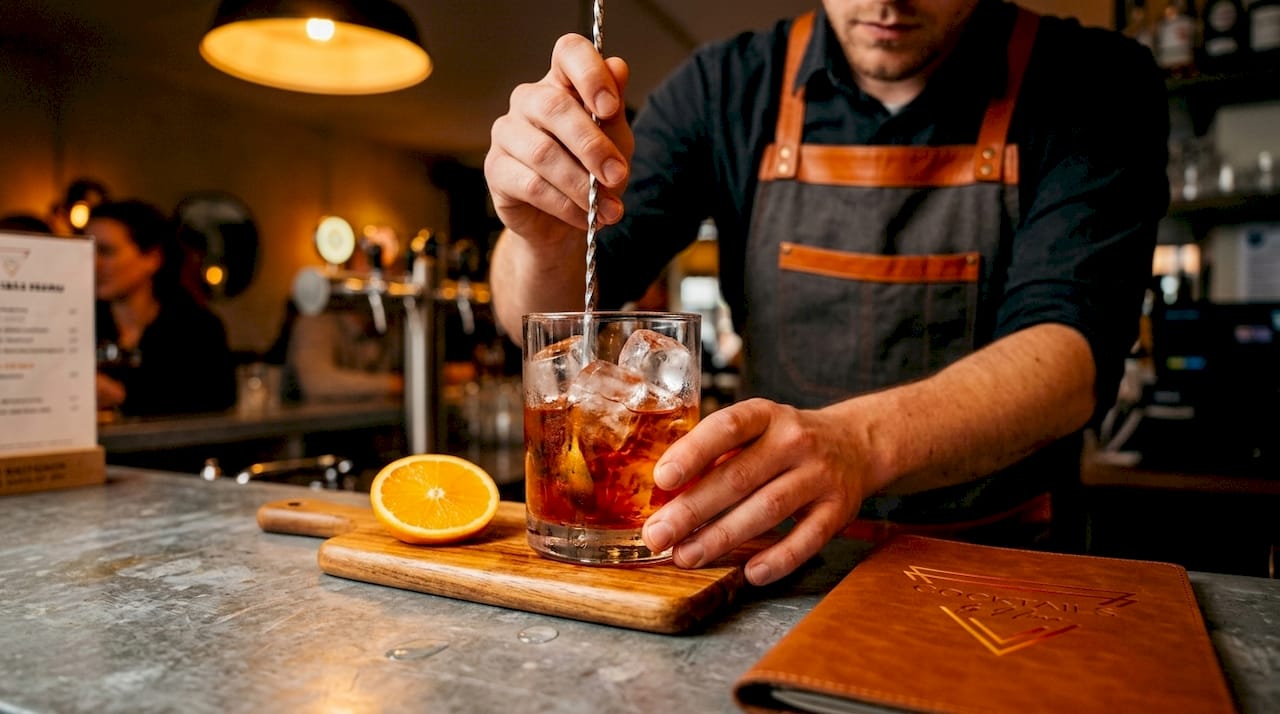Achter de bar roert de barman rustig een cocktail met een lange barlepel.