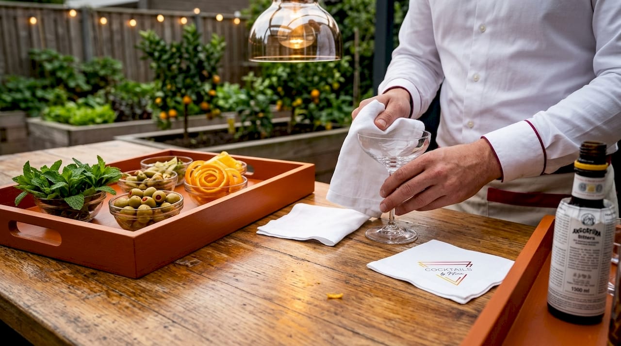 Een barman staat glazen te poetsen, terwijl het bakje met garneringen op de bar klaarstaat.