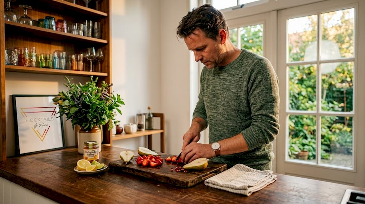 Een man is bezig met het snijden van vers seizoensfruit om zijn cocktails extra smaak te geven.