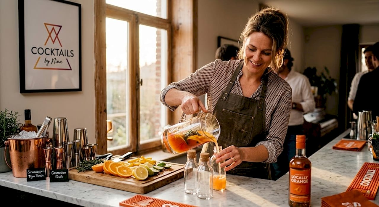 Om tijdens drukke momenten snel te kunnen schenken, bereidt de barman alvast grote hoeveelheden cocktails voor. Zo kan hij zonder stress meerdere gasten tegelijk bedienen.