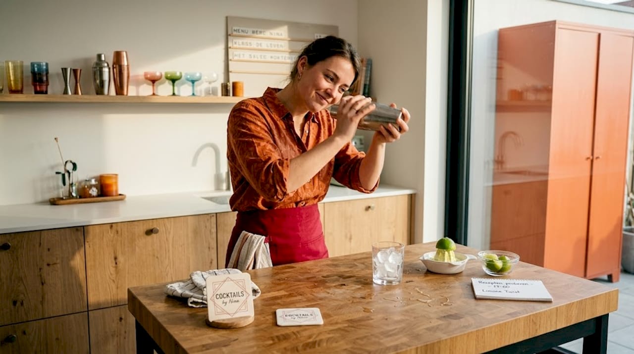 Een vrouw staat in de keuken en maakt een cocktail klaar, terwijl ze de shaker stevig op het aanrecht heen en weer schudt.