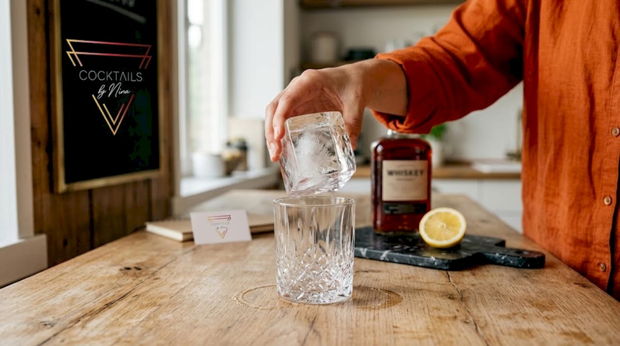 Iemand maakt thuis een cocktail klaar met een groot ijsblok erin.
