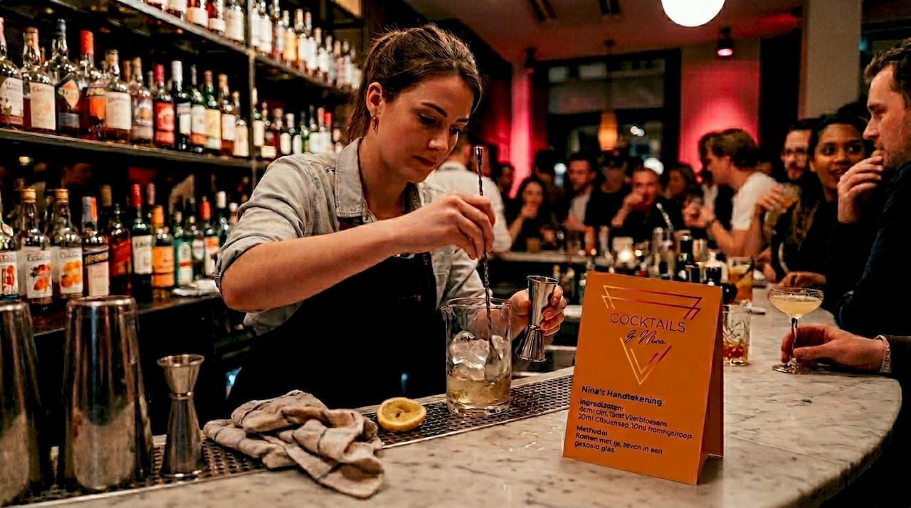 Achter de bar mengt de barman rustig een cocktail terwijl de zaak vol staat met gasten.