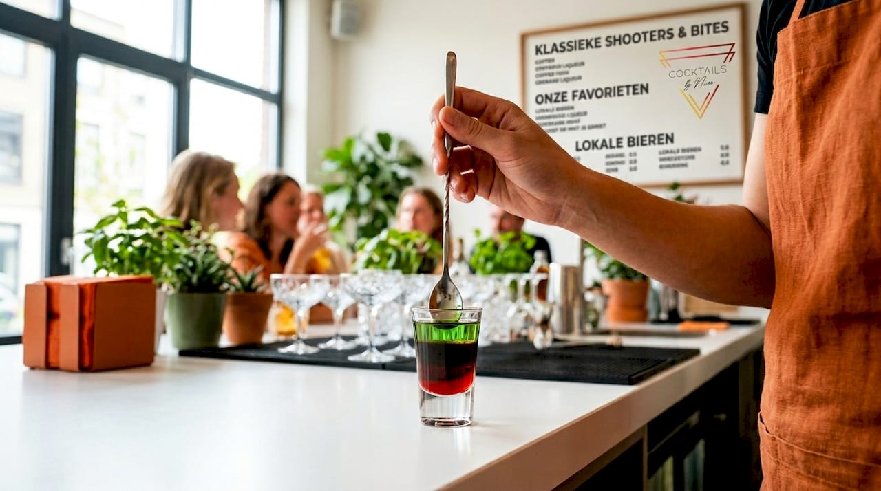 Met de hand laag voor laag een kleurrijke cocktail shooter inschenken