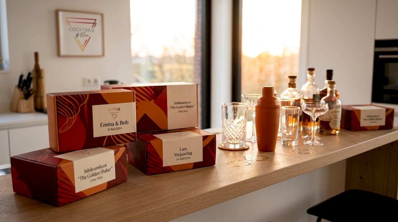 Op de bar staan unieke cocktailboxen met gepersonaliseerde labels, helemaal afgestemd op jouw wensen.