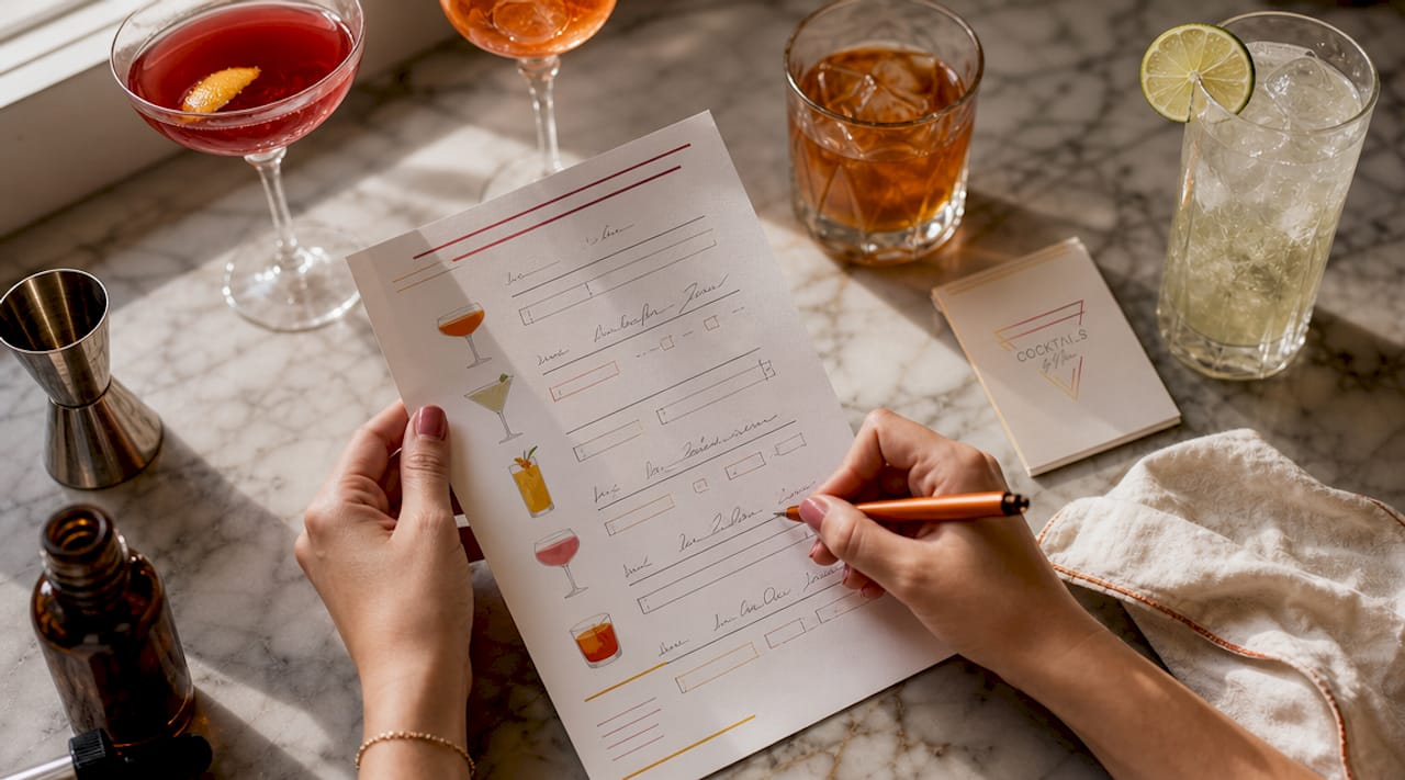 Een paar handen vinkt de checklist af voor het aantal cocktails.