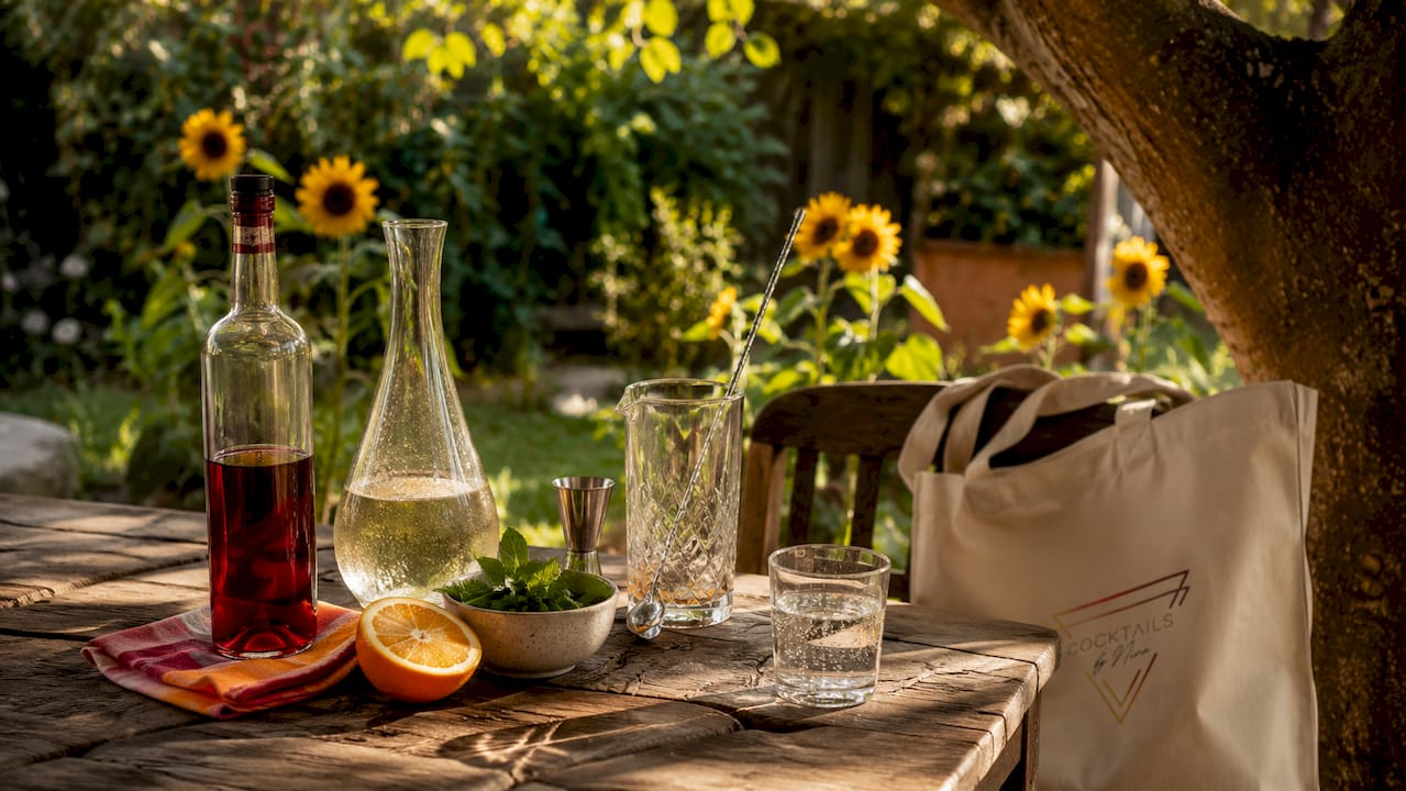A beautiful overhead view of the ingredients for an aperitif cocktail, laid out on a table.
