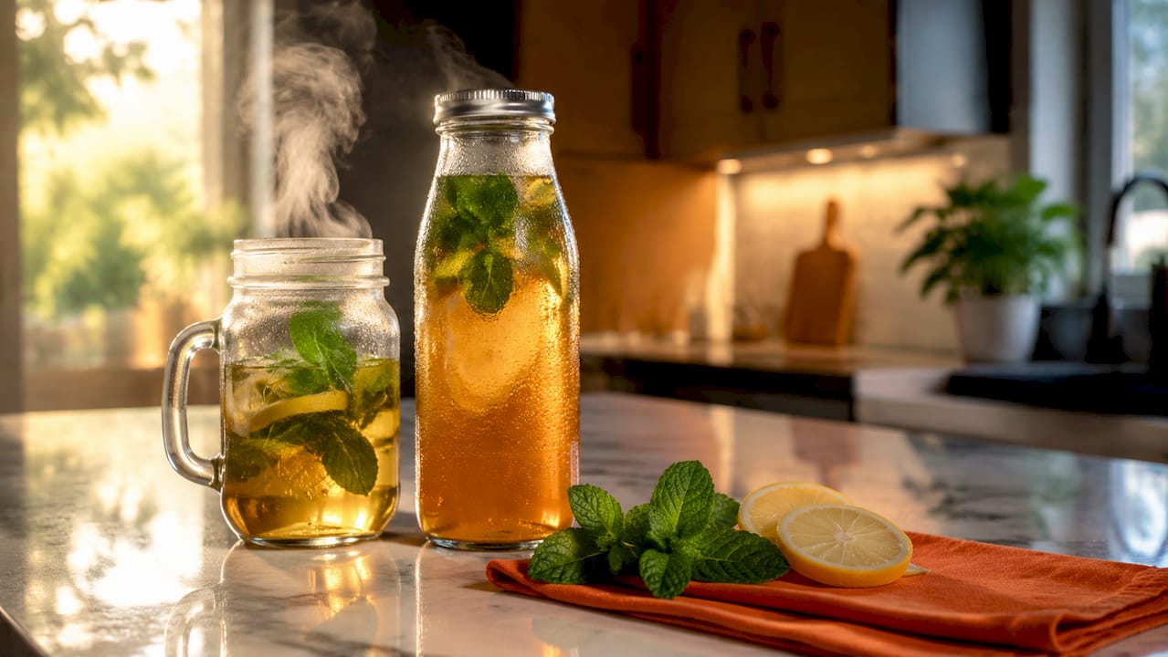 Close-up van potten met verschillende warme en koude drankjes
