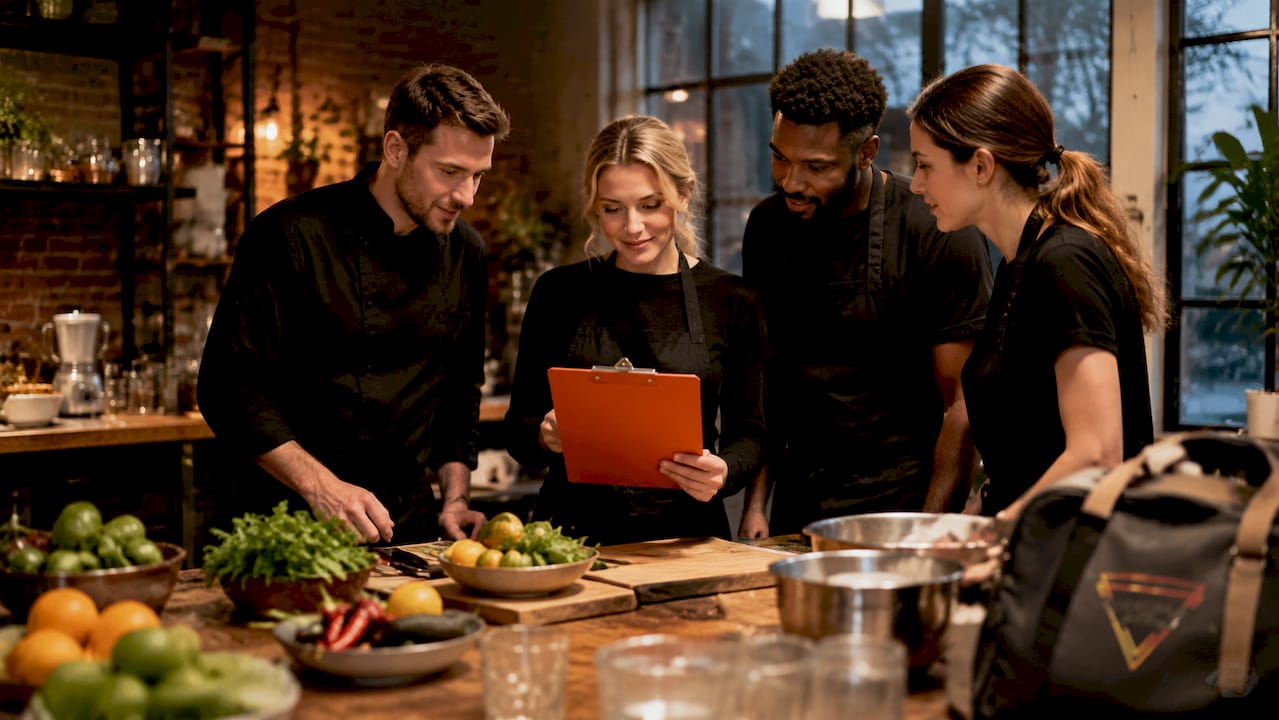 Het cateringteam loopt in de keuken gezamenlijk de checklist voor het evenement na.