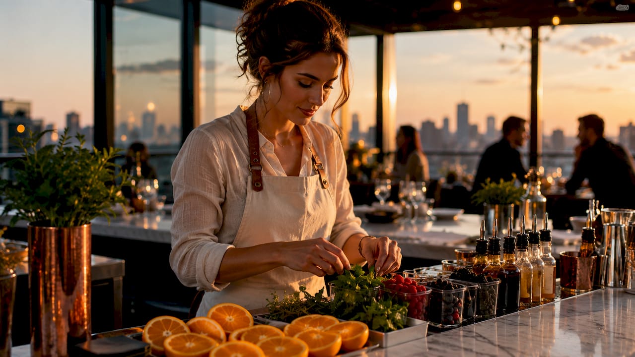 Een bartender legt de cocktailingrediënten netjes klaar, gezien van bovenaf.